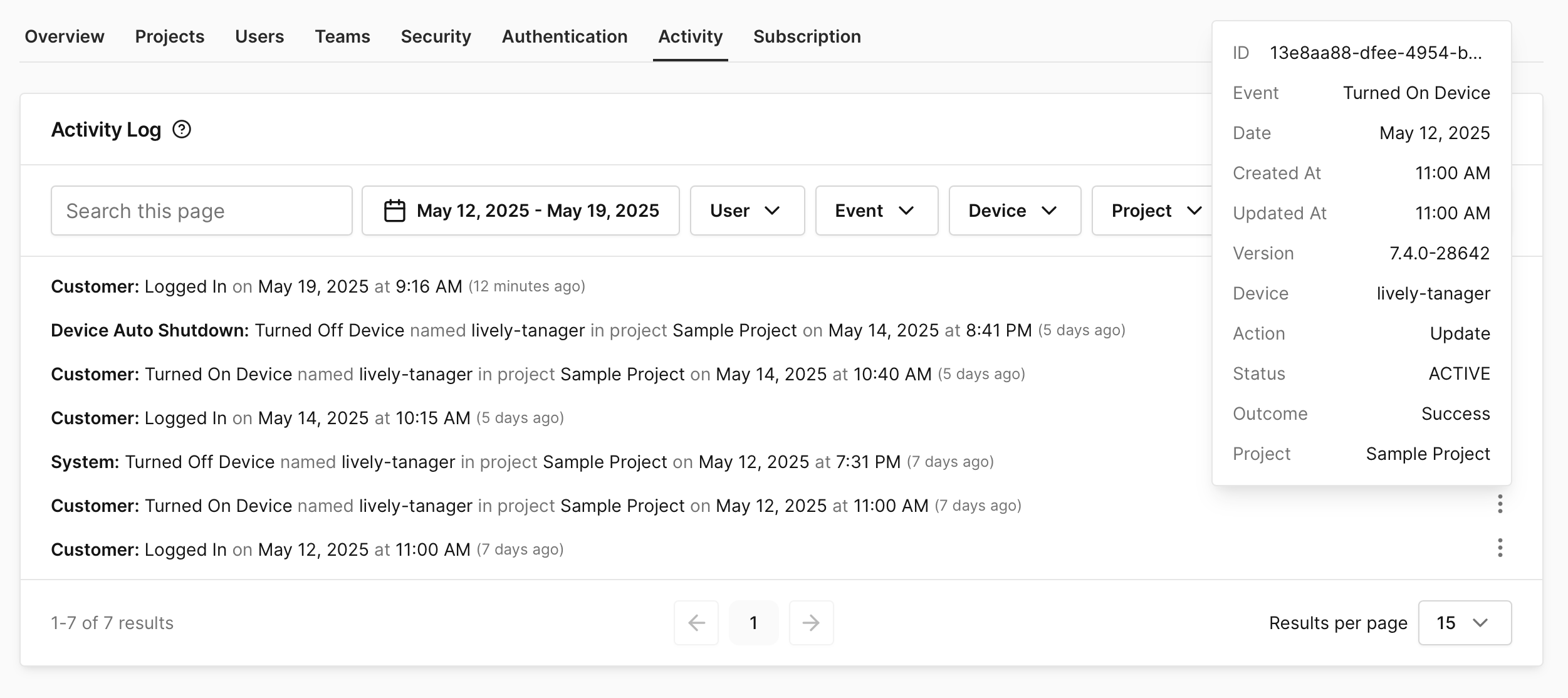 Activity logging Info Pop Out