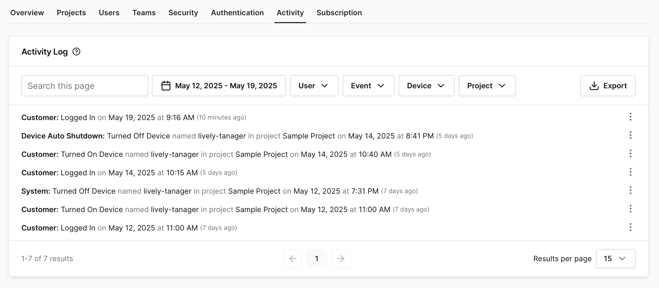Activity Logging Page