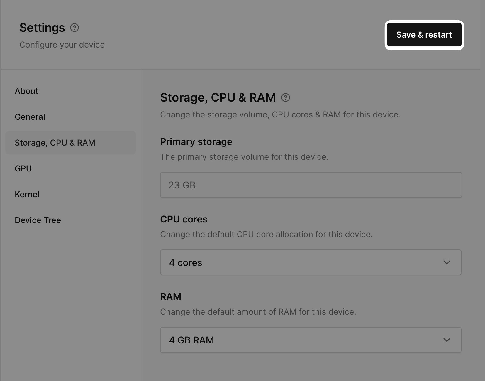 CPU and RAM Settings