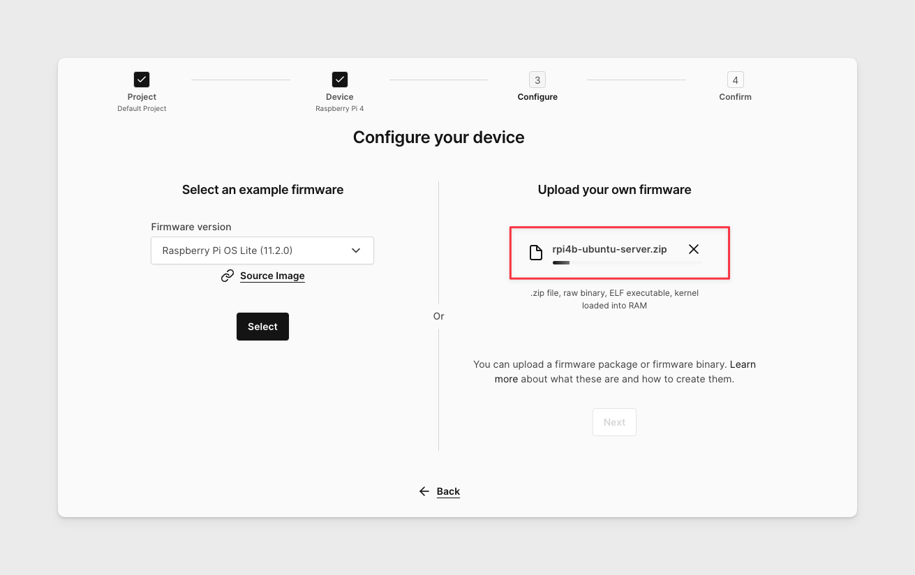 Upload the custom firmware package