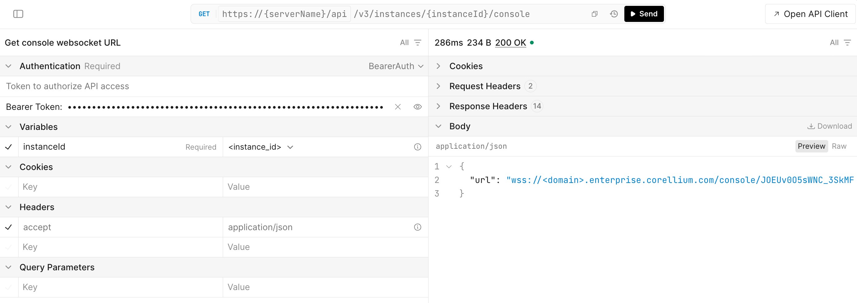 Response from the GET /v3/instances/instanceId/console API endpoint