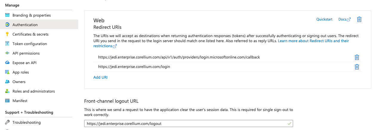 Set up the Web Redirect and Front-channel logout URL
