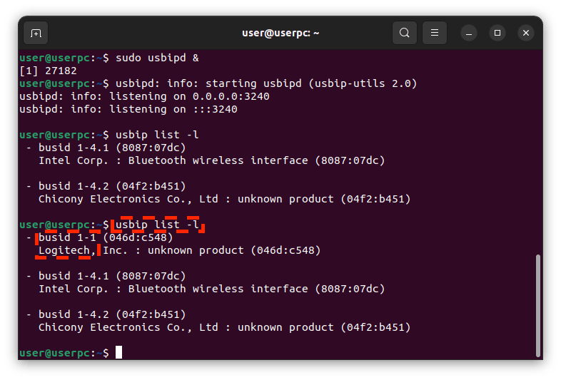 USBIP list with device