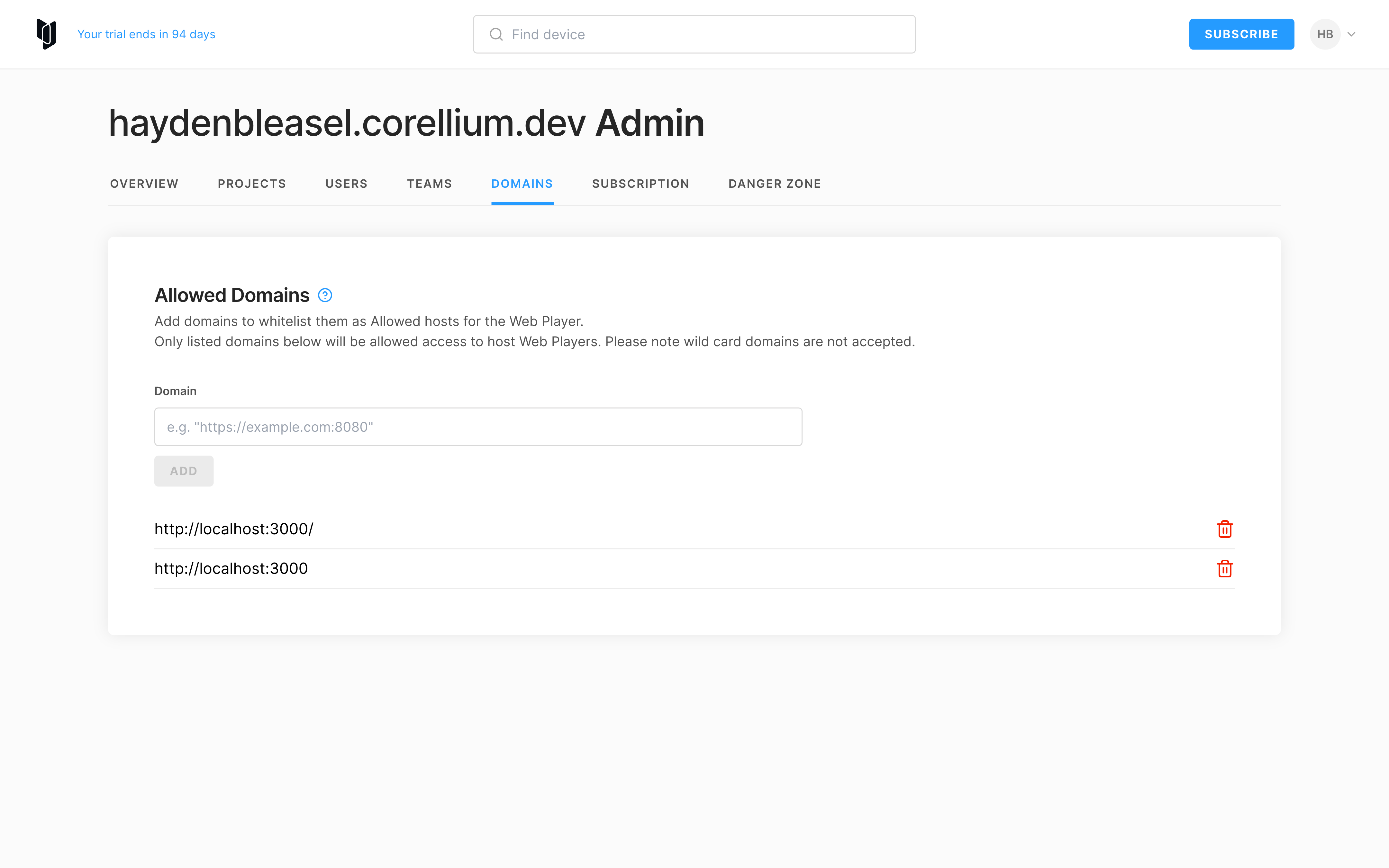Webplayer Domains Settings