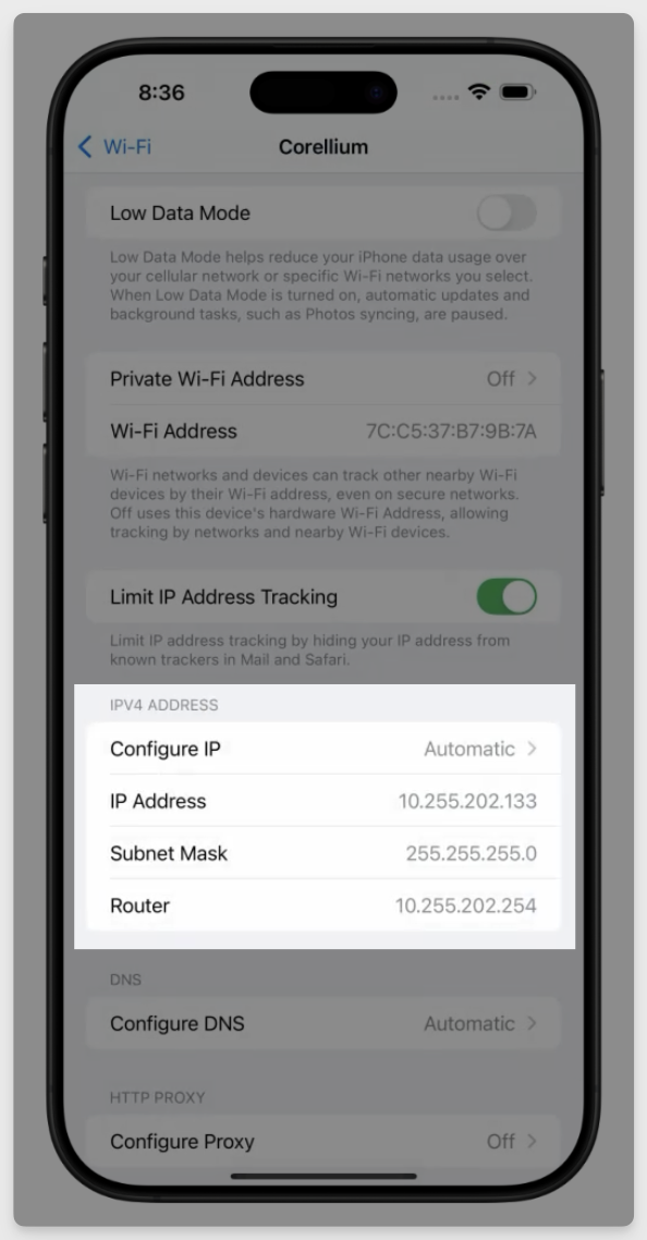 Show device IP address